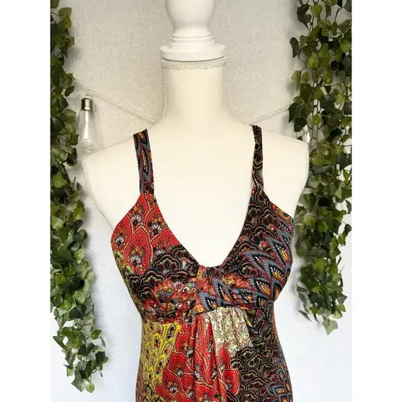 Raindrops by Papillon Black Orange Peacock Maxi Dress Women's Small - Picture 5 of 12